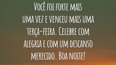 Você foi forte mais uma vez e venceu mais uma terça-feira. Celebre com alegria e com um descanso merecido. Boa noite!