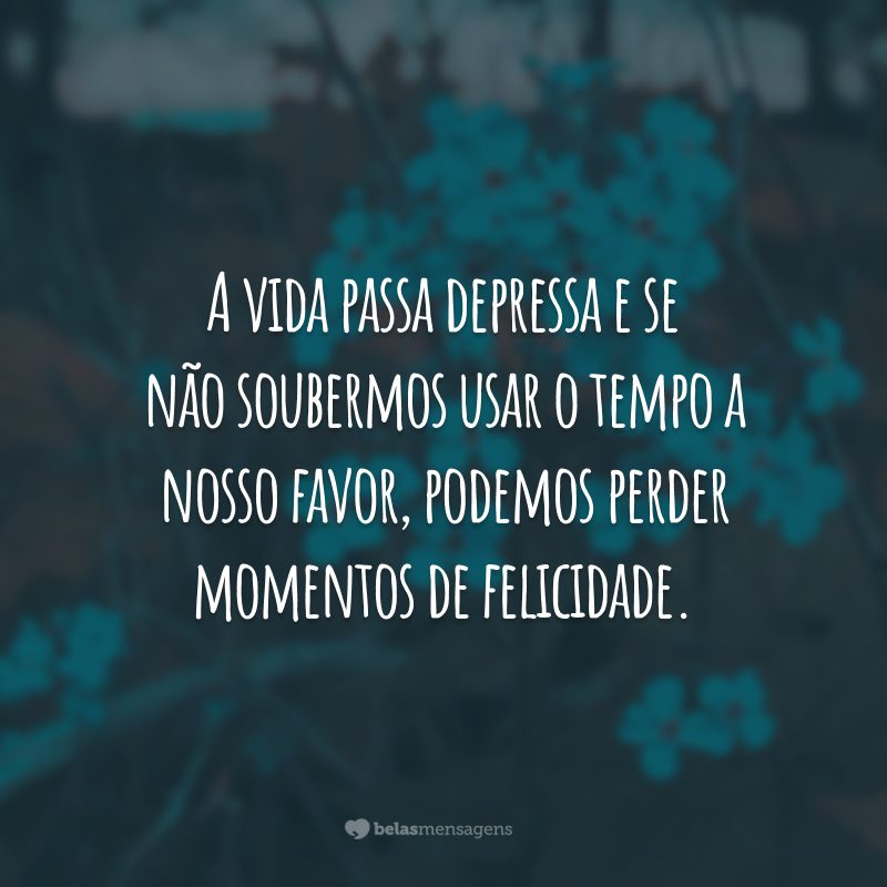 A vida passa depressa e se não soubermos usar o tempo a nosso favor, podemos perder momentos de felicidade.