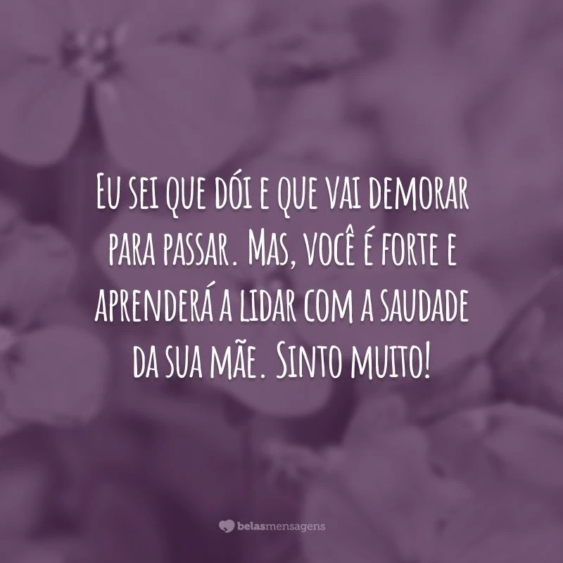 Eu sei que dói e que vai demorar para passar. Mas, você é forte e aprenderá a lidar com a saudade da sua mãe. Sinto muito!