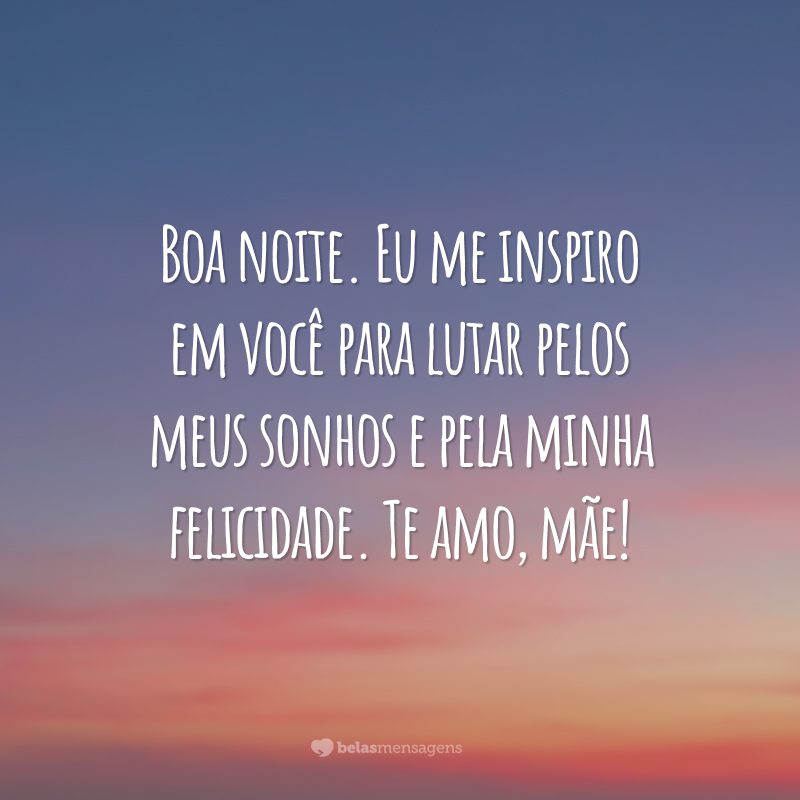 Boa noite. Eu me inspiro em você para lutar pelos meus sonhos e pela minha felicidade. Te amo, mãe!