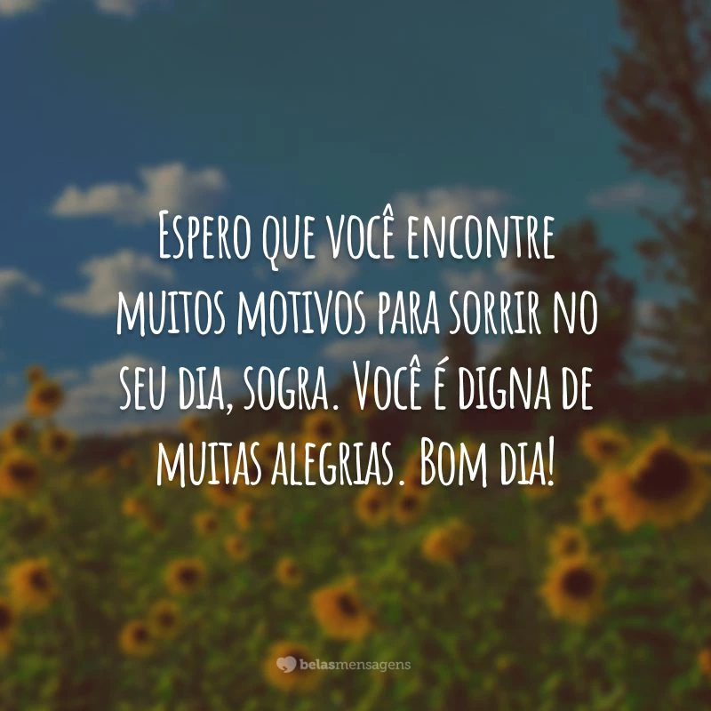 Espero que você encontre muitos motivos para sorrir no seu dia, sogra. Você é digna de muitas alegrias. Bom dia!