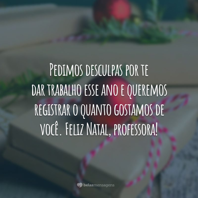 Pedimos desculpas por te dar trabalho esse ano e queremos registrar o quanto gostamos de você. Feliz Natal, professora!