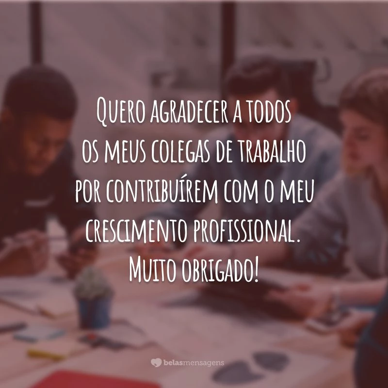 Quero agradecer a todos os meus colegas de trabalho por contribuírem com o meu crescimento profissional. Muito obrigado!