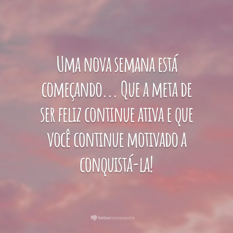 Uma nova semana está começando... Que a meta de ser feliz continue ativa e que você continue motivado a conquistá-la!