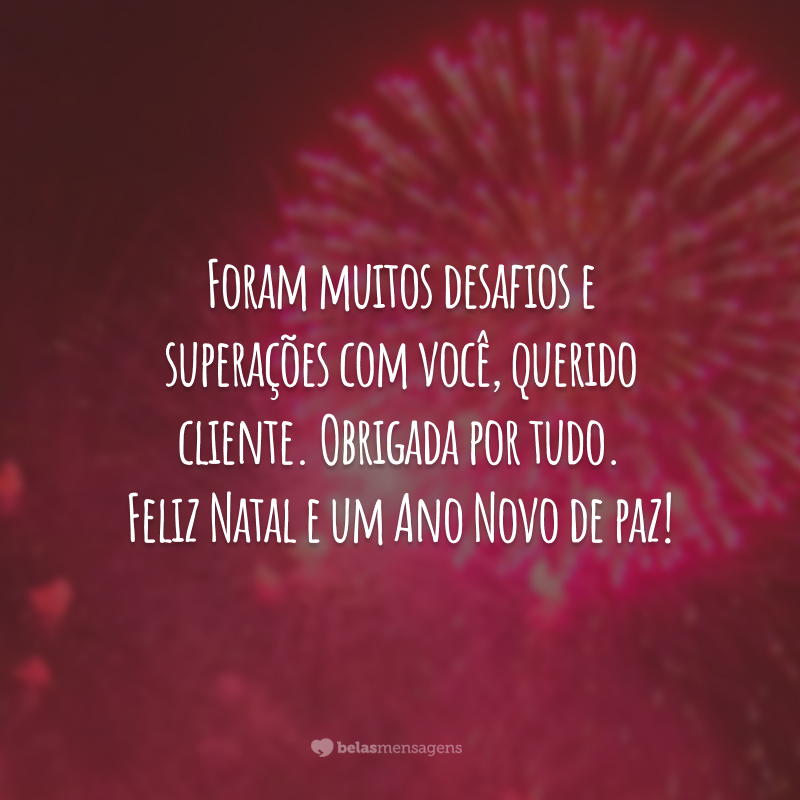 Foram muitos desafios e superações com você, querido cliente. Obrigada por tudo. Feliz Natal e um Ano Novo de paz!