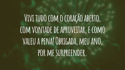 Vivi tudo com o coração aberto, com vontade de aproveitar, e como valeu a pena! Obrigada, meu ano, por me surpreender.