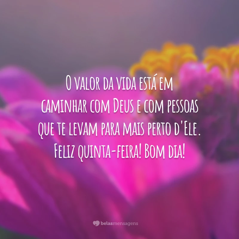 O valor da vida está em caminhar com Deus e com pessoas que te levam para mais perto d'Ele. Feliz quinta-feira! Bom dia!