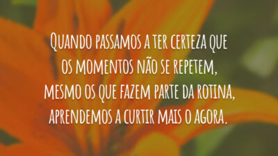Quando passamos a ter certeza que os momentos não se repetem, mesmo os que fazem parte da rotina, aprendemos a curtir mais o agora.