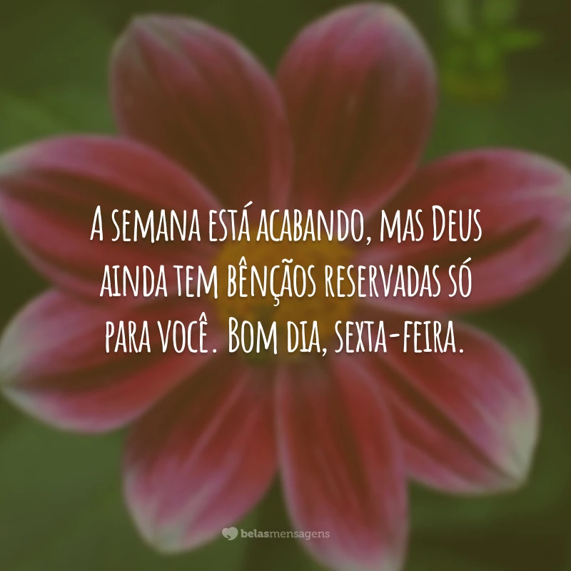 A semana está acabando, mas Deus ainda tem bênçãos reservadas só para você. Bom dia, sexta-feira.