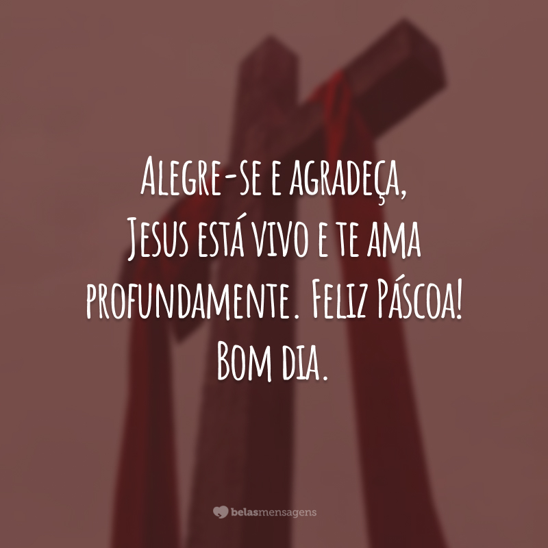 Alegre-se e agradeça, Jesus está vivo e te ama profundamente. Feliz Páscoa! Bom dia.