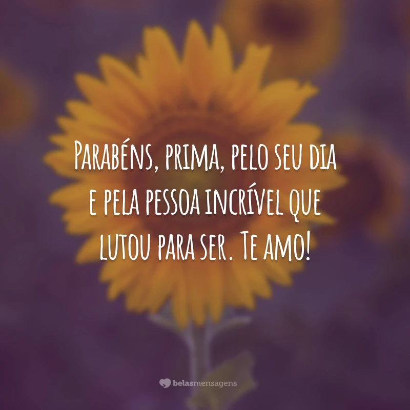 Parabéns, prima, pelo seu dia e pela pessoa incrível que lutou para ser. Te amo!