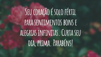 Seu coração é solo fértil para sentimentos bons e alegrias infinitas. Curta seu dia, prima. Parabéns!
