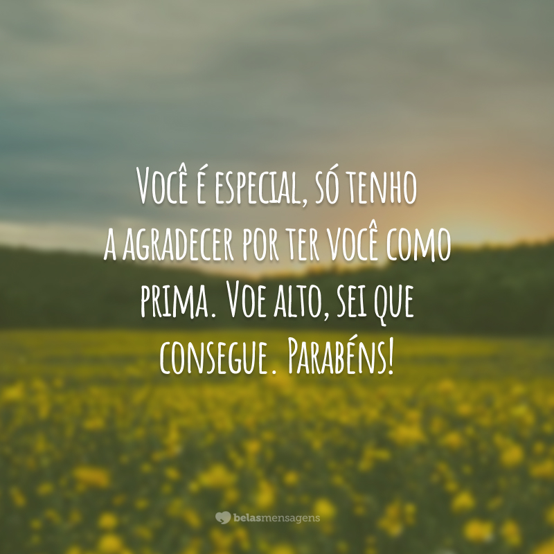 Você é especial, só tenho a agradecer por ter você como prima. Voe alto, sei que consegue. Parabéns!