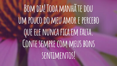 Bom dia! Toda manhã te dou um pouco do meu amor e percebo que ele nunca fica em falta. Conte sempre com meus bons sentimentos!