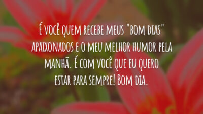 É você quem recebe meus "bom dias" apaixonados e o meu melhor humor pela manhã. É com você que eu quero estar para sempre! Bom dia.