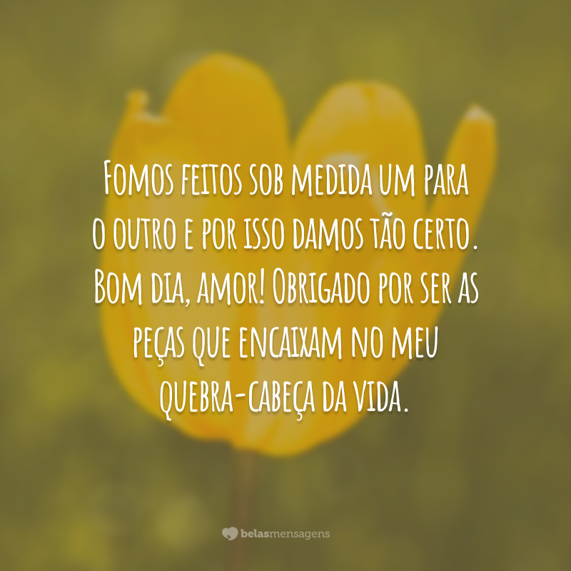 Fomos feitos sob medida um para o outro e por isso damos tão certo. Bom dia, amor! Obrigado por ser as peças que encaixam no meu quebra-cabeça da vida.