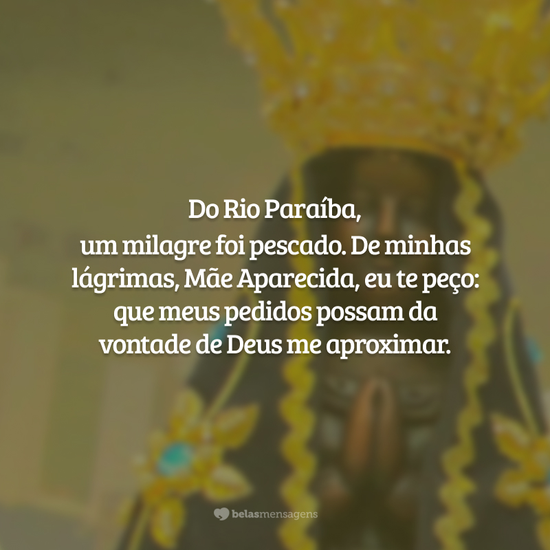 Do Rio Paraíba, um milagre foi pescado. De minhas lágrimas, Mãe Aparecida, eu te peço: que meus pedidos possam da vontade de Deus me aproximar.