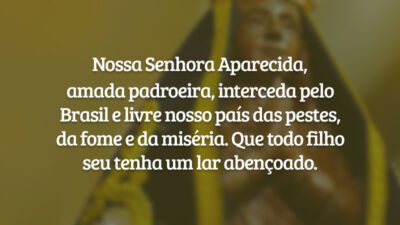 Nossa Senhora Aparecida, amada padroeira, interceda pelo Brasil e livre nosso país das pestes, da fome e da miséria. Que todo filho seu tenha um lar abençoado.