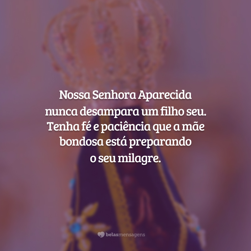 Nossa Senhora Aparecida nunca desampara um filho seu. Tenha fé e paciência que a mãe bondosa está preparando o seu milagre.