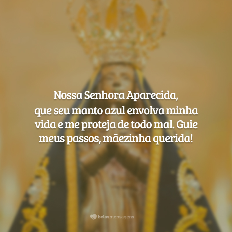 Nossa Senhora Aparecida, que seu manto azul envolva minha vida e me proteja de todo mal. Guie meus passos, mãezinha querida!