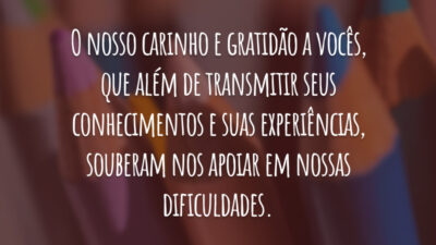 O nosso carinho e gratidão a vocês, que além de transmitir seus conhecimentos e suas experiências, souberam nos apoiar em nossas dificuldades.