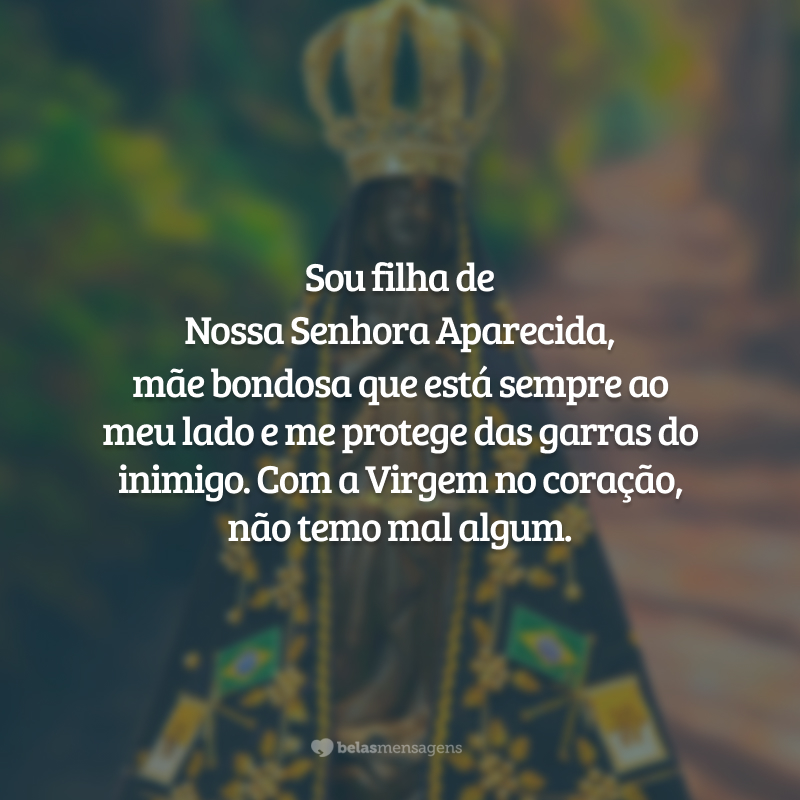 Sou filha de Nossa Senhora Aparecida, mãe bondosa que está sempre ao meu lado e me protege das garras do inimigo. Com a Virgem no coração, não temo mal algum.