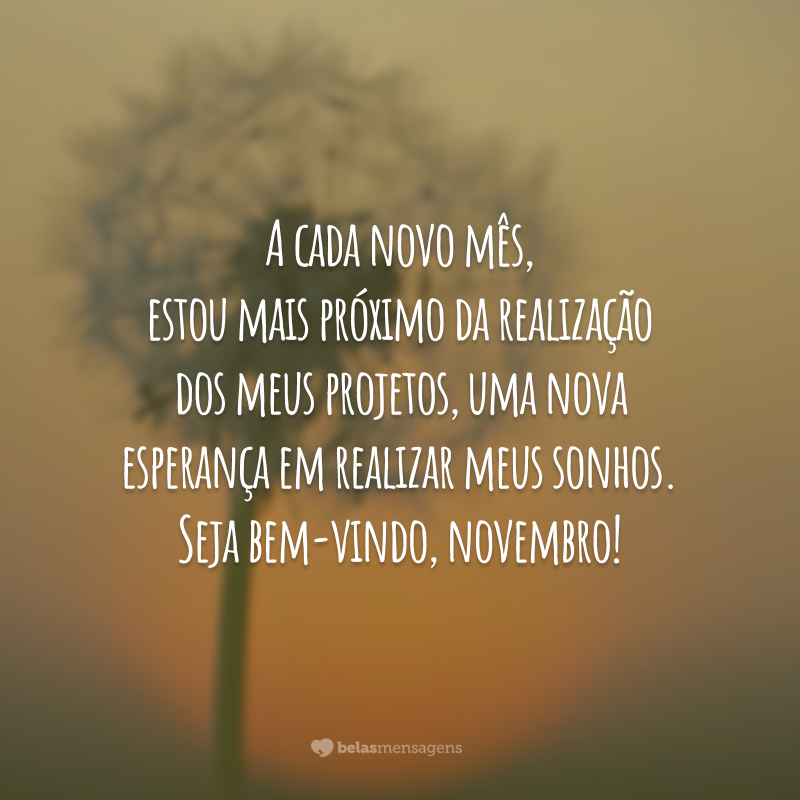 A cada novo mês, estou mais próximo da realização dos meus projetos, uma nova esperança em realizar meus sonhos. Seja bem-vindo, novembro!