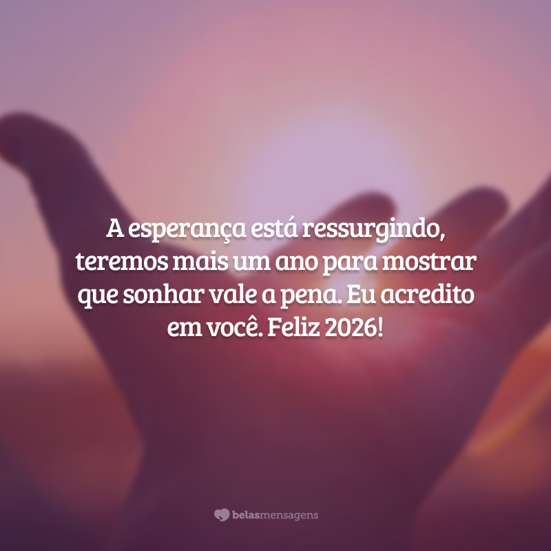 A esperança está ressurgindo, teremos mais um ano para mostrar que sonhar vale a pena. Eu acredito em você. Feliz 2026!