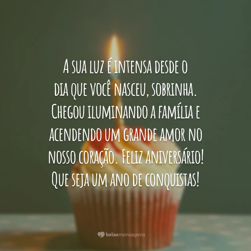 A sua luz é intensa desde o dia que você nasceu, sobrinha. Chegou iluminando a família e acendendo um grande amor no nosso coração. Feliz aniversário! Que seja um ano de conquistas!