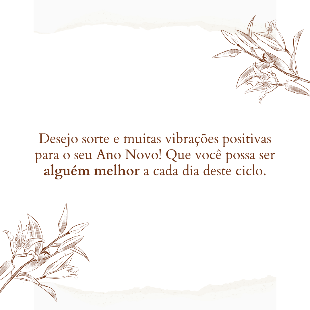 Desejo sorte e muitas vibrações positivas para o seu Ano Novo! Que você possa ser alguém melhor a cada dia deste ciclo.