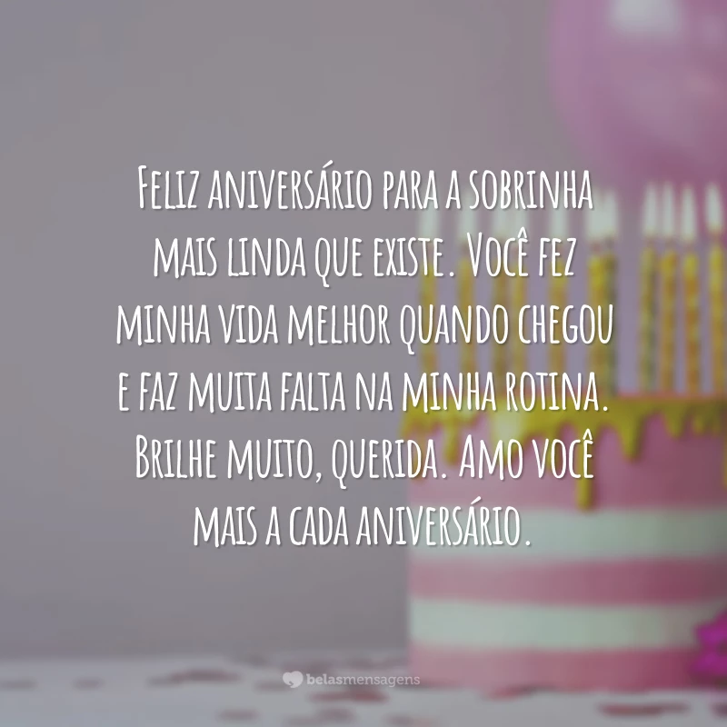 Feliz aniversário para a sobrinha mais linda que existe. Você fez minha vida melhor quando chegou e faz muita falta na minha rotina. Brilhe muito, querida. Amo você mais a cada aniversário.