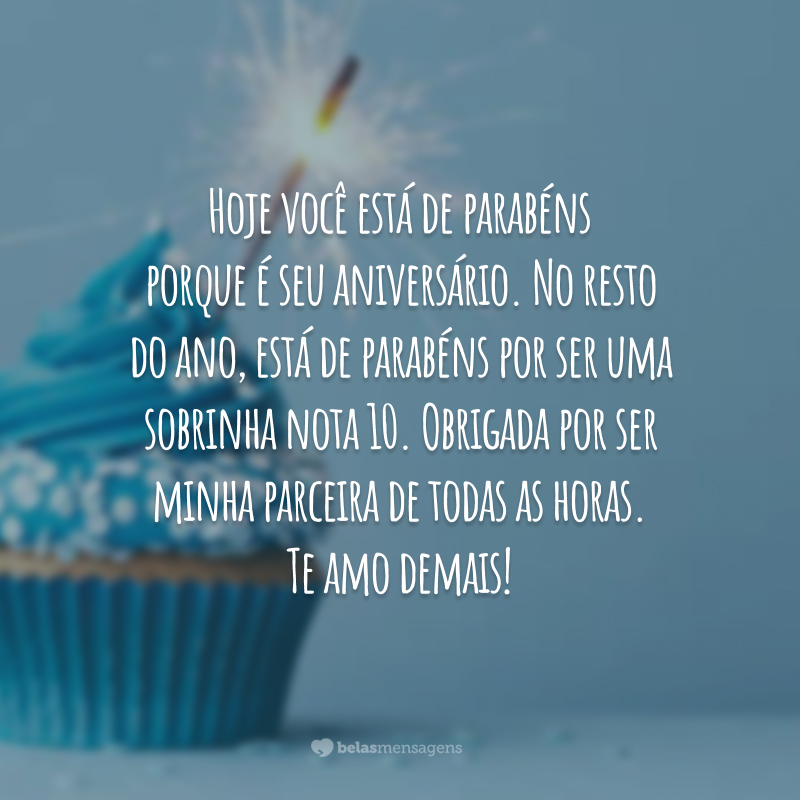 Hoje você está de parabéns porque é seu aniversário. No resto do ano, está de parabéns por ser uma sobrinha nota 10. Obrigada por ser minha parceira de todas as horas. Te amo demais!