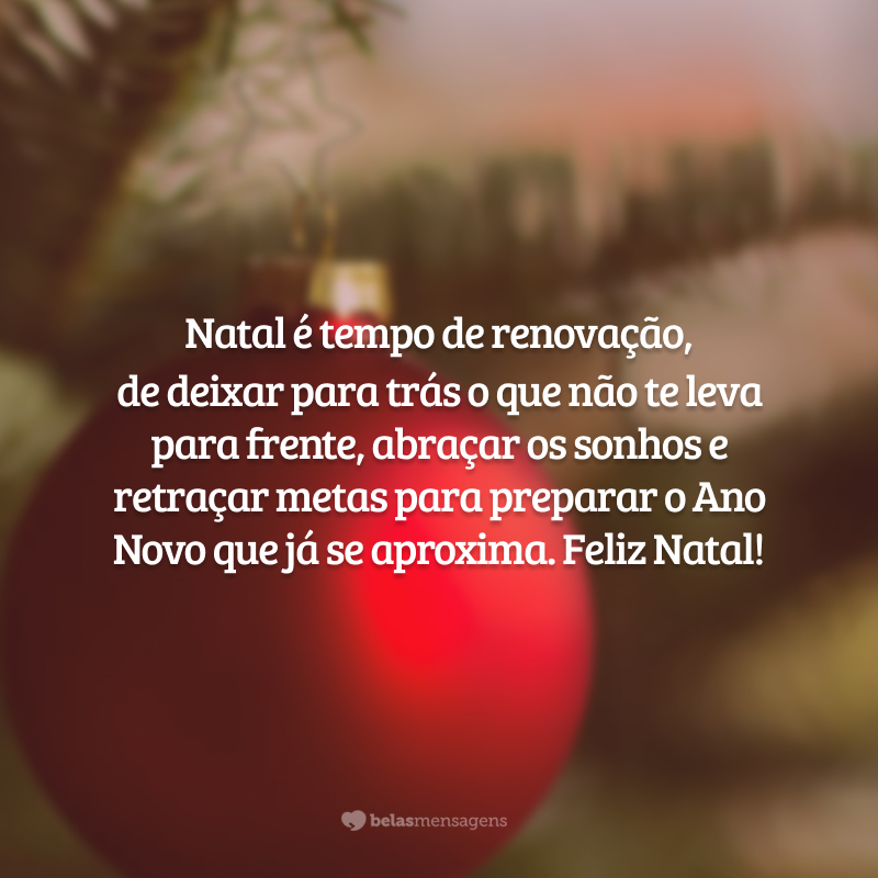 Natal é tempo de renovação, de deixar para trás o que não te leva para frente, abraçar os sonhos e retraçar metas para preparar o Ano Novo que já se aproxima. Feliz Natal!