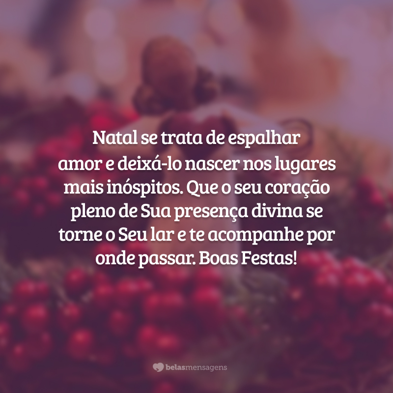 Natal se trata de espalhar amor e deixá-lo nascer nos lugares mais inóspitos. Que o seu coração pleno de Sua presença divina se torne o Seu lar e te acompanhe por onde passar. Boas Festas!