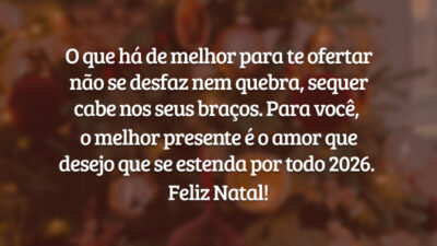O que há de melhor para te ofertar não se desfaz nem quebra, sequer cabe nos seus braços. Para você, o melhor presente é o amor que desejo que se estenda por todo 2026. Feliz Natal!