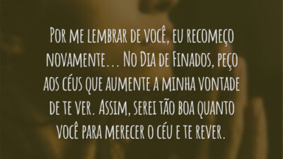 Por me lembrar de você, eu recomeço novamente. Sei que seria isso a sua vontade que não soube senão semear o bem. No Dia de Finados, peço aos céus que aumente a minha vontade de te ver. Assim, serei tão boa quanto você para merecer o céu e te rever.