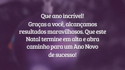 Que ano incrível! Graças a você, alcançamos resultados maravilhosos. Que este Natal termine em alta e abra caminho para um Ano Novo de sucesso!