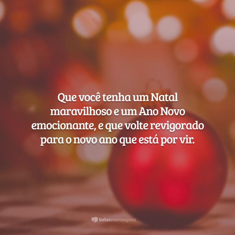 Que você tenha um Natal maravilhoso e um Ano Novo emocionante, e que volte revigorado para o novo ano que está por vir.