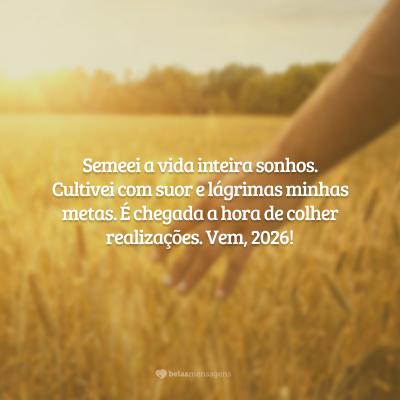Semeei a vida inteira sonhos. Cultivei com suor e lágrimas minhas metas. É chegada a hora de colher realizações. Vem, 2026!