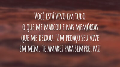 Você está vivo em tudo o que me marcou e nas memórias que me deixou. Um pedaço seu vive em mim. Te amarei para sempre, pai!
