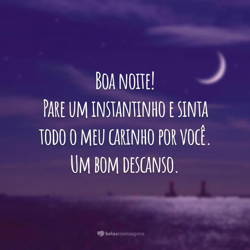 Boa noite! Pare um instantinho e sinta todo o meu carinho por você. Um bom descanso.