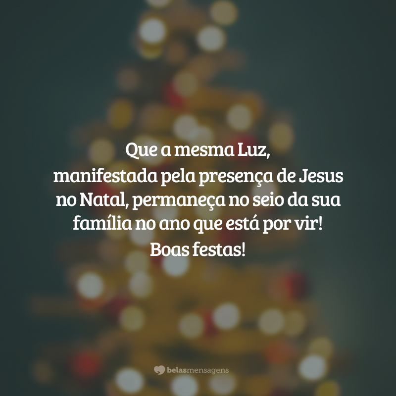 Que a mesma Luz, manifestada pela presença de Jesus no Natal, permaneça no seio da sua família no ano que está por vir! Boas festas!