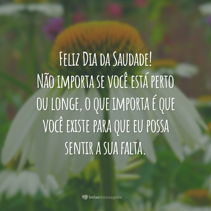 Feliz Dia da Saudade! Não importa se você está perto ou longe, o que importa é que você existe para que eu possa sentir a sua falta.