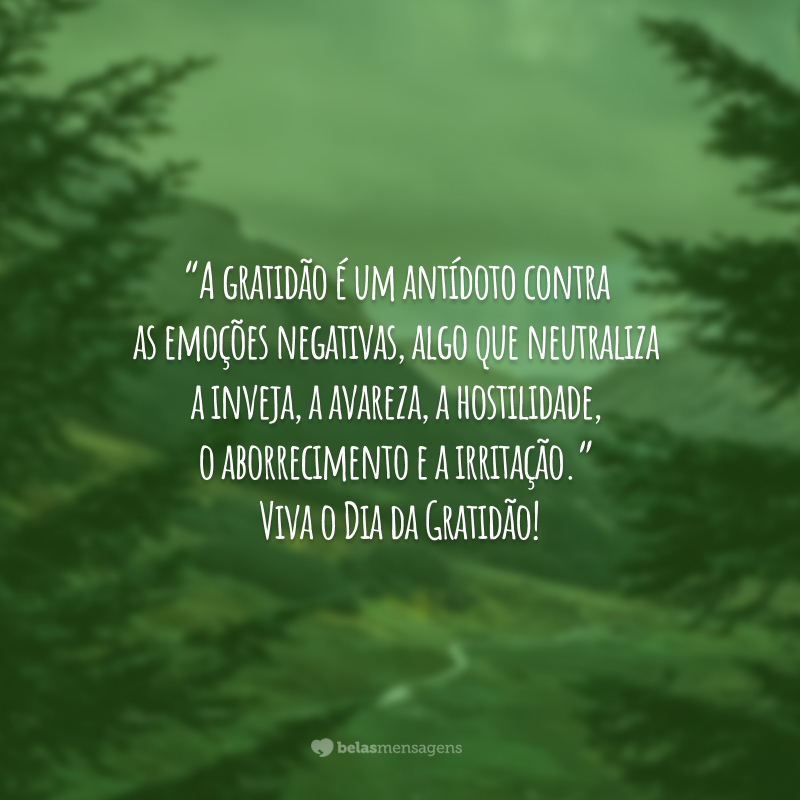 “A gratidão é um antídoto contra as emoções negativas, algo que neutraliza a inveja, a avareza, a hostilidade, o aborrecimento e a irritação.” Viva o Dia da Gratidão!