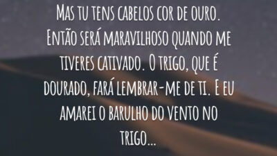 Mas tu tens cabelos cor de ouro. Então será maravilhoso quando me tiveres cativado. O trigo, que é dourado, fará lembrar-me de ti. E eu amarei o barulho do vento no trigo…