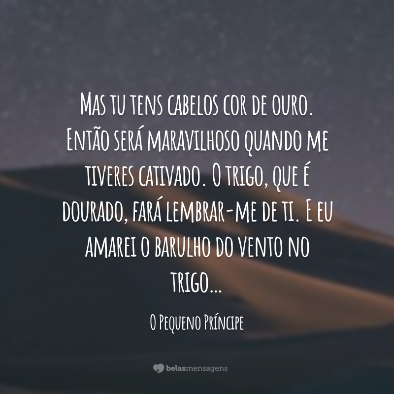 Mas tu tens cabelos cor de ouro. Então será maravilhoso quando me tiveres cativado. O trigo, que é dourado, fará lembrar-me de ti. E eu amarei o barulho do vento no trigo…