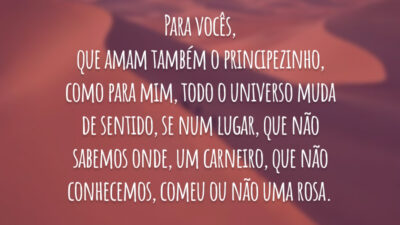 Para vocês, que amam também o principezinho, como para mim, todo o universo muda de sentido, se num lugar, que não sabemos onde, um carneiro, que não conhecemos, comeu ou não uma rosa.