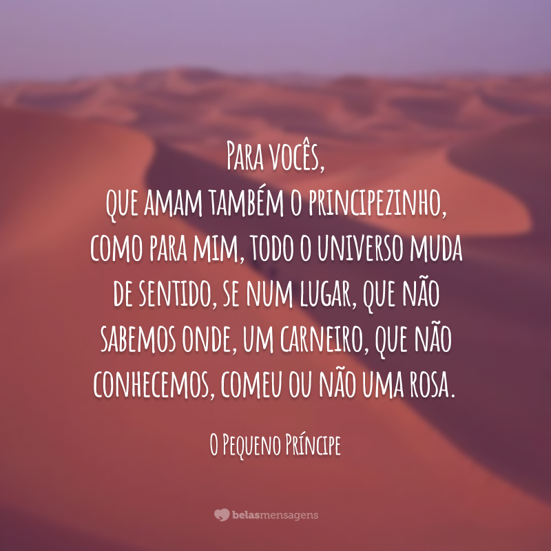 Para vocês, que amam também o principezinho, como para mim, todo o universo muda de sentido, se num lugar, que não sabemos onde, um carneiro, que não conhecemos, comeu ou não uma rosa.