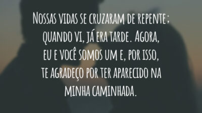 Nossas vidas se cruzaram de repente; quando vi, já era tarde. Agora, eu e você somos um e, por isso, te agradeço por ter aparecido na minha caminhada.