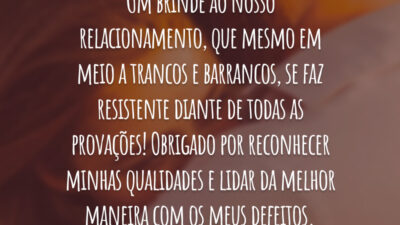 Um brinde ao nosso relacionamento, que mesmo em meio a trancos e barrancos, se faz resistente diante de todas as provações! Obrigado por reconhecer minhas qualidades e lidar da melhor maneira com os meus defeitos.
